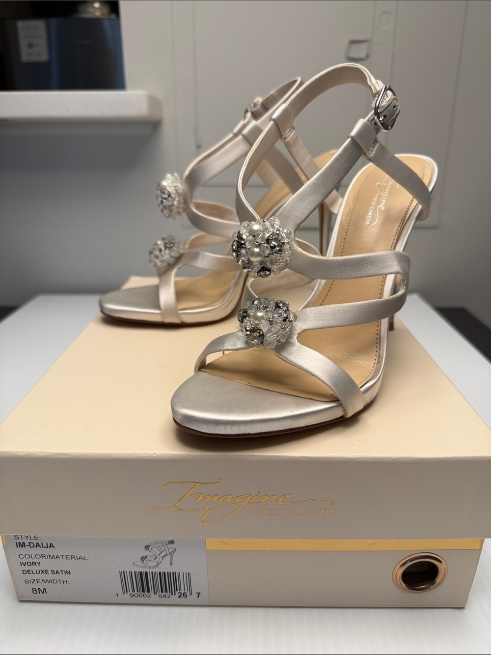 Vince Camuto Imagine Bridal Satin Pearl-Embellished Strappy Sandals in Ivory